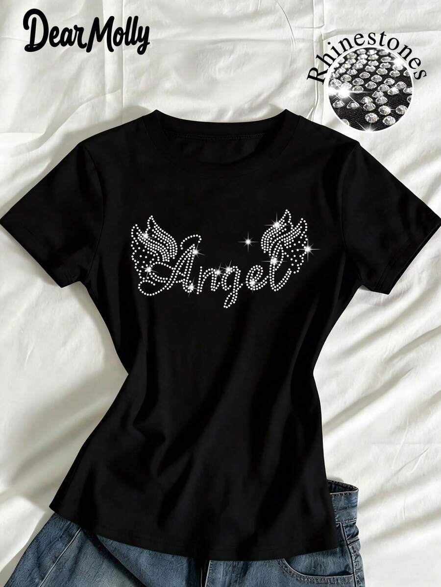 DEAR MOLLY Angel Rhinestone Graphic Women T-Shirt, Shiny Wing Pattern Top, Round Neck Short Sleeve Casual Wear - Black - View 1