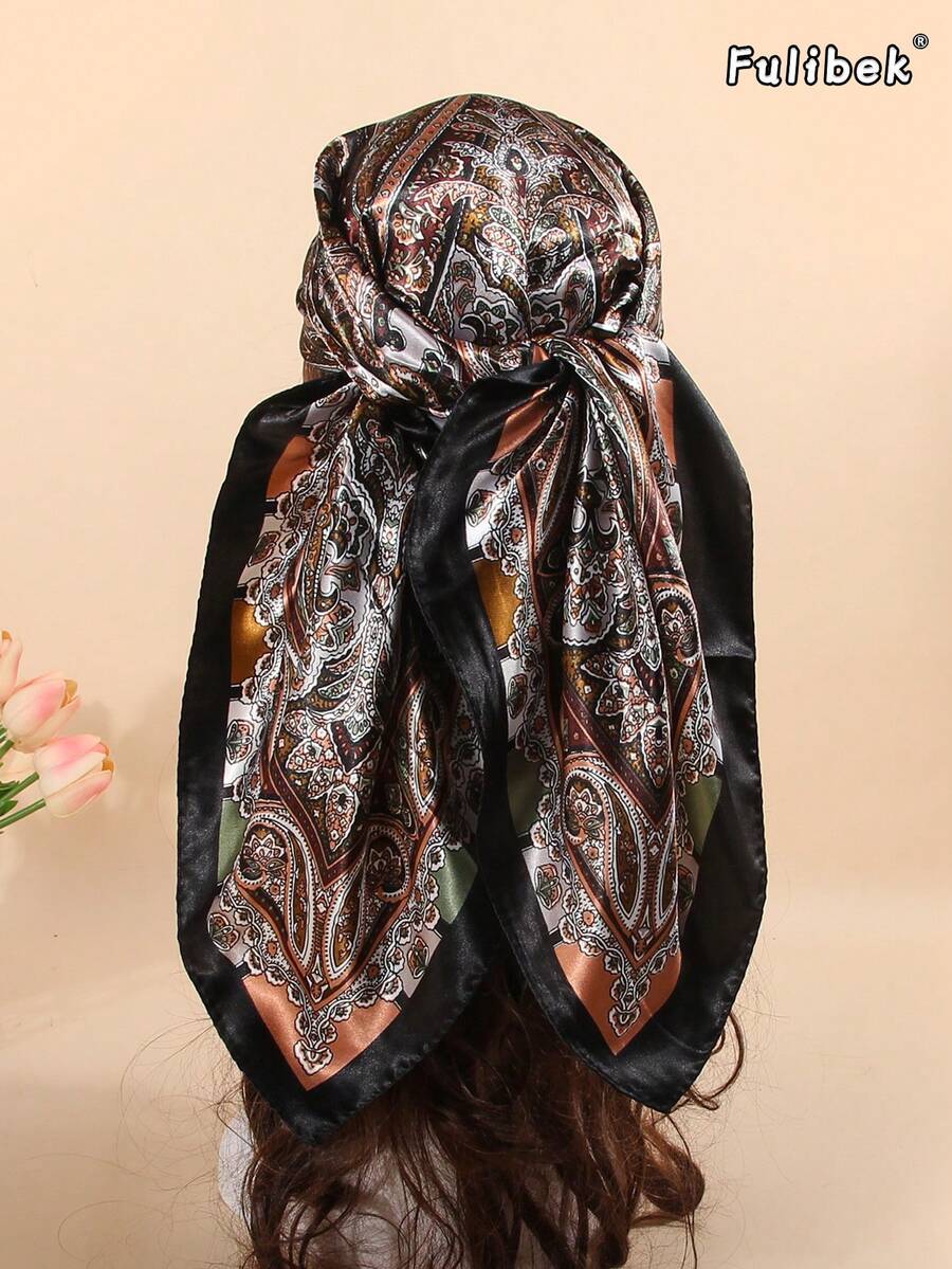 1 chiếc khăn in họa tiết 90cm, khăn bandana và khăn vuông dành cho nữ, phụ kiện tóc, băng đô, khăn buộc tóc, áo abaya, thích hợp cho bãi biển, kỳ nghỉ và cuộc sống hàng ngày, giúp tôn lên phong cách của bạn. - màu đen - Xem 1