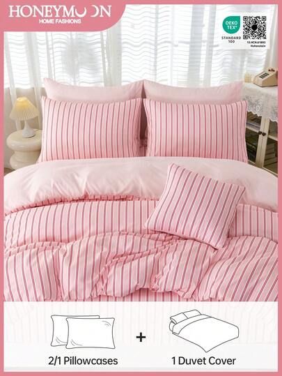 2/3 piezas Juego de funda nórdica con estampado de rayas, 1 pieza funda nórdica + 1/2 piezas funda de almohada (edredón no incluido), suave y transpirable, decoración de moda para dormitorio y dormitorio universitario, certificado Oeko-Tex