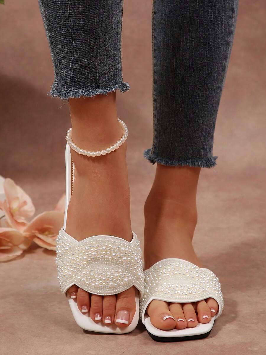 女士新款夏季平底拖鞋，舒适休闲一脚蹬凉鞋，适合室内外穿着，时尚优雅的平底凉拖，春、夏、海滩必备 - 白色 - 查看 1