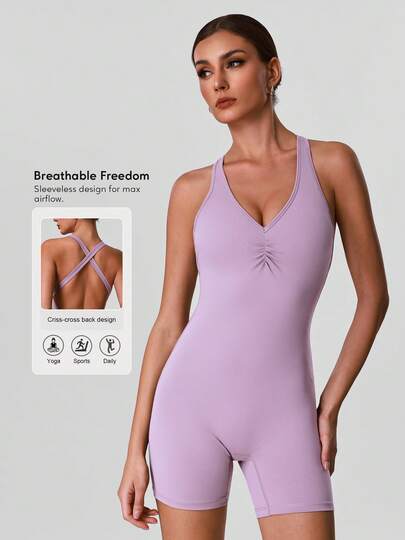 Sodalemon Women Training Gym Jumpsuit V-Neck Backless Solid Color Fitness Athletic Wear Cross Back Short Elastic Running Yoga Sport Jumpsuit