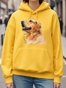Unisex Casual Hoodie With Golden Retriever Dog Graphic - Beige, Loose Fit, Long Sleeve, Drawstring Hooded Sweatshirt For All Seasons, Allseason Pullover|Sporty Casual Style|Comfortable Fit - Red - View 1