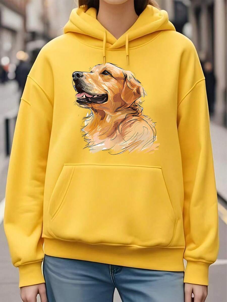 Unisex Casual Hoodie With Golden Retriever Dog Graphic - Beige, Loose Fit, Long Sleeve, Drawstring Hooded Sweatshirt For All Seasons, Allseason Pullover|Sporty Casual Style|Comfortable Fit - Red - View 1