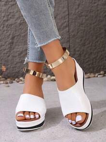 Summer Chunky Heel Sandals Women's Platform Ankle Strap Rhinestone Dress Sandals For Wedding & Party,Women's Comfortable Platform Sandals Slip-Resistant Sole Black & White Lengthening Legs Daily Wear,Elegant Rhinestone Buckle Heeled Sandals Genuine Leather Lining Comfort Wedge Summer Shoes For Women,Casual Chic White Platform Sandals Ankle Strap Designer Look Women's Shoes For Jeans & Dresses,Women's Low Wedge Heel Sandals Non-Slip Rubber Sole Open-Toe Beach Walking Sandals - 8866 - 查看 2