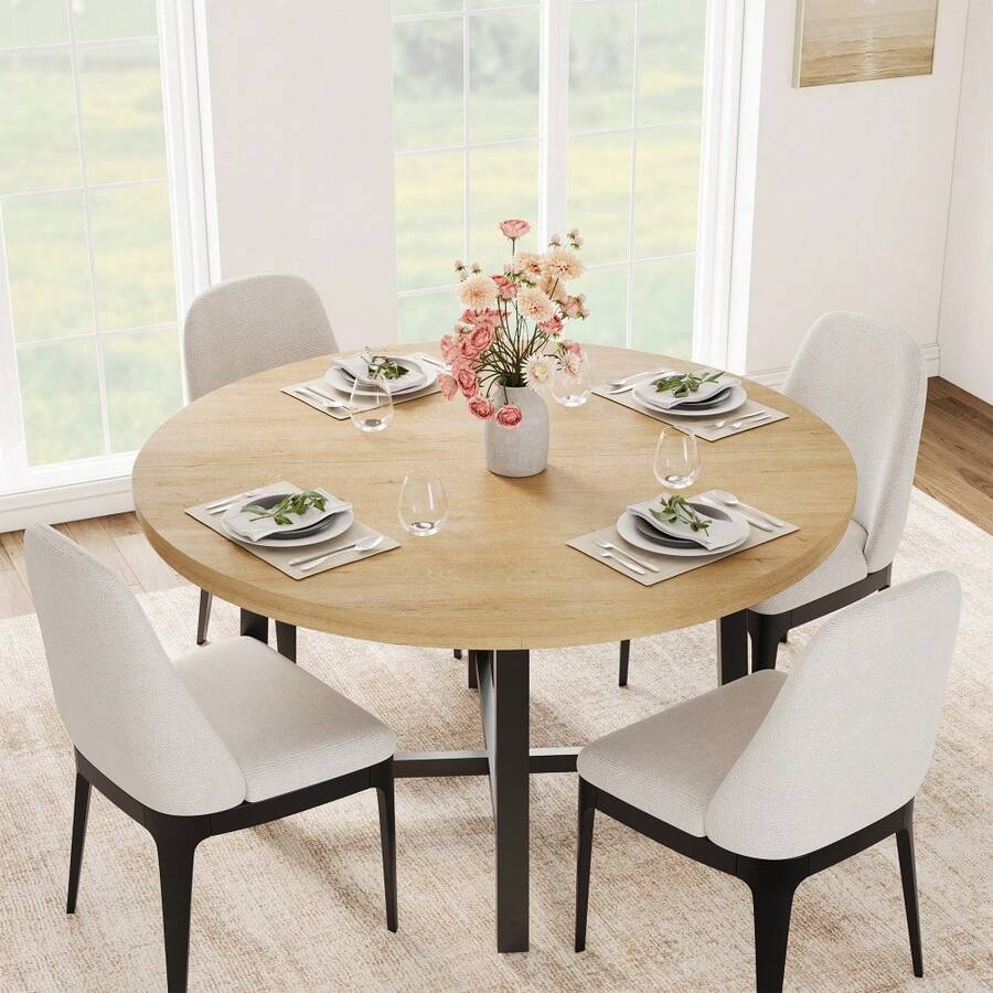 Industrial 47'' Round Dining Table For 4-6 – Space-Saving Wooden Kitchen Table – Sturdy Metal Frame – Perfect For Dining Room Or Kitchen – No Chairs Included - Wood Color - View 1