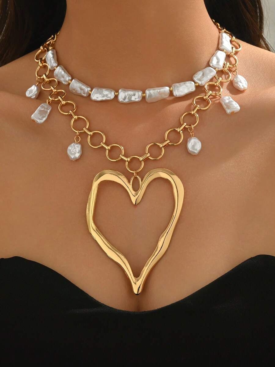 两件套复古夸张豹纹镂空心形吊坠项链，时尚简约迷人，适合女性日常佩戴、购物、派对、拍照等场合，也可作为母亲节礼物。 - 彩色 - 查看 1