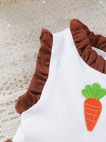 1pc Baby Girls' Casual Cute Rabbit & Carrot Embroidered Ruffle Hem Dress With 3D Ear Hat, Summer - Brown - View 5