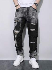 Men Autumn‑Winter American High‑Street Jet‑Black Tie‑Dye Denim Jeans, Edgy Street‑Style Straight‑Leg Pants - Black - View 3