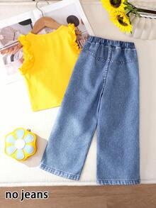 BASUSARRI 3D Print Effect Girls 2-Piece Set, Sleeveless Top With Ruffle Sleeve & Fashion Pants, Stylish Casual Outfit For Girls - Yellow - View 4