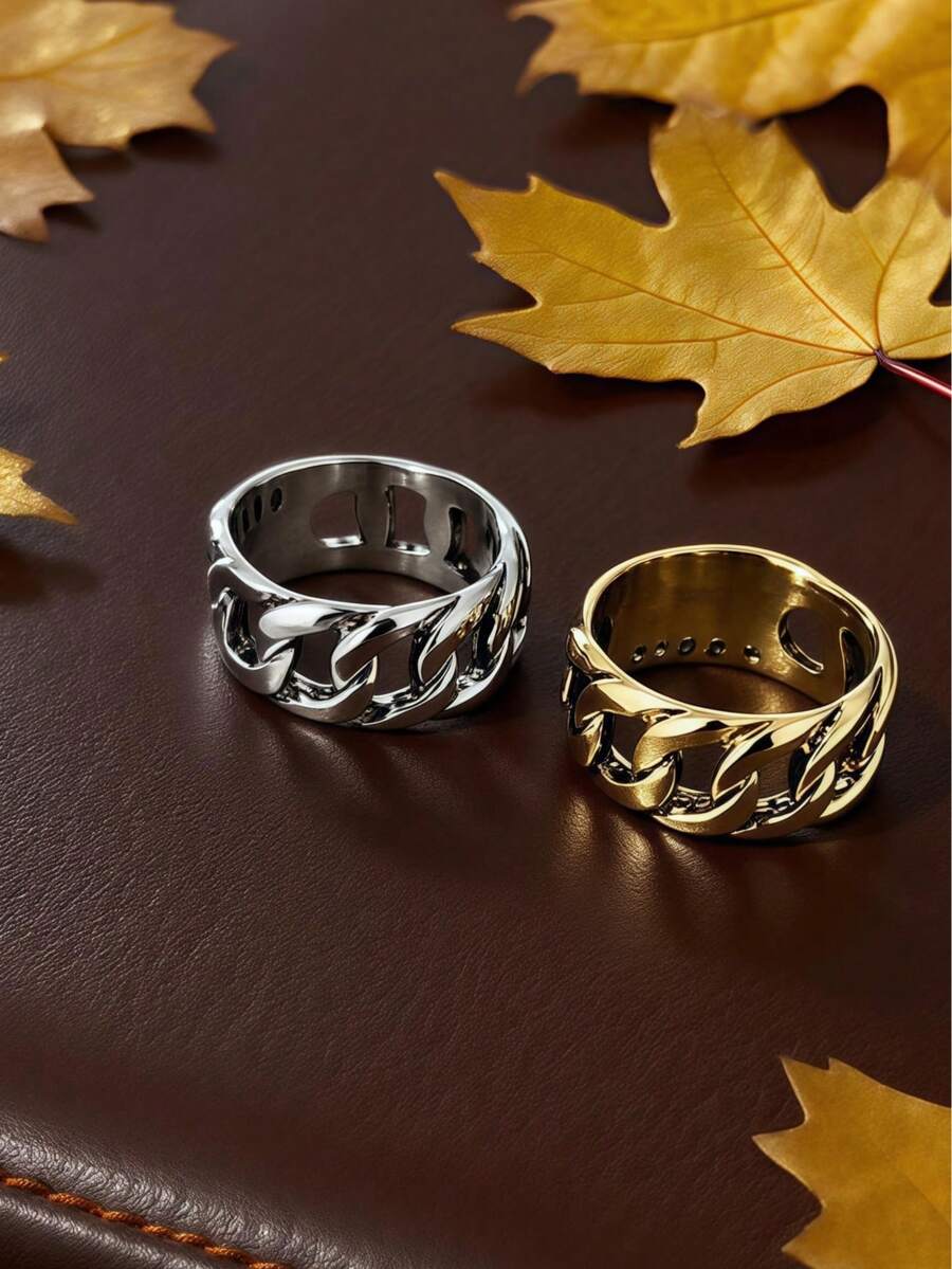 1pc Stainless Steel Unique Chain Design Niche Punk Style Durable Hypoallergenic Waterproof Fade-Resistant Everyday Wear Men's Ring - Chain Men's Ring - View 1