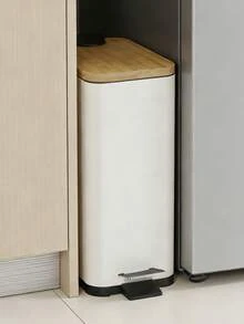 1pc 5L Large Capacity Rectangular Iron Trash Can With Bamboo Lid, Black & White Options, Pedal Open Garbage Bin For Living Room, Bathroom, Toilet - Multicolor - View 7