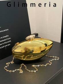 奢华时尚亚克力晚宴包，新款简约金属鹅蛋色亮面宴会链条单肩斜挎包 - 金色 - 查看 2