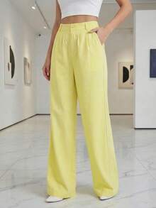 A&DD MODA, REF: AS1807 - Women's High-Waisted, Straight-Leg Trousers With Pockets And Interwoven Stripes On The Sides. For Office, Commuting, Vacation, Afternoon Tea, Events. - Màu vàng - Xem 3