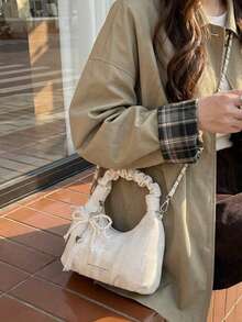 时尚百搭格子字母褶皱通勤手提包，女士时尚托特单肩斜挎包 - 彩色 - 查看 2