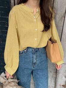 Camisa de mujer Camisa de cuadros amarilla para mujer, de primavera y otoño, con cuello alto, holgada, que adelgaza, de manga larga y con botones en una sola hilera - Amarillo - Ver 2