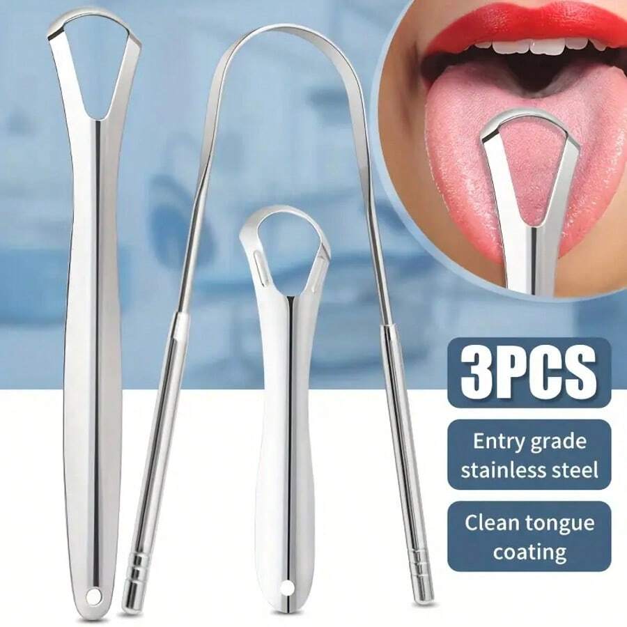 3 Packs Stainless Steel Tongue Scrapers, Reusable Oral Cleaners For Fresh Breath & Bad Breath Removal - Silver - View 1