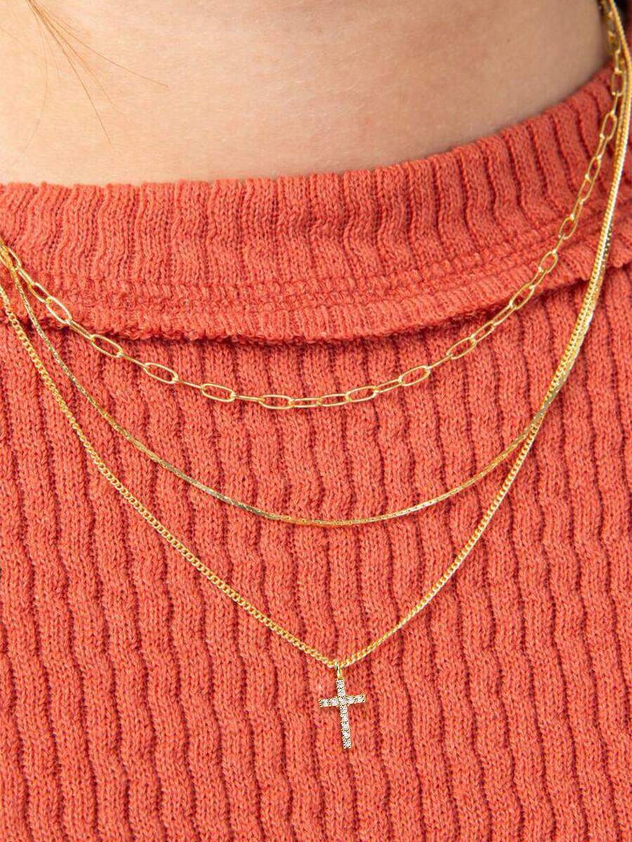 3pcs Copper Cross Pendant Necklace Set With Paper Clip Elements, Fashionable Jewelry Suitable For Vacation Accessories - Yellow Gold - View 1
