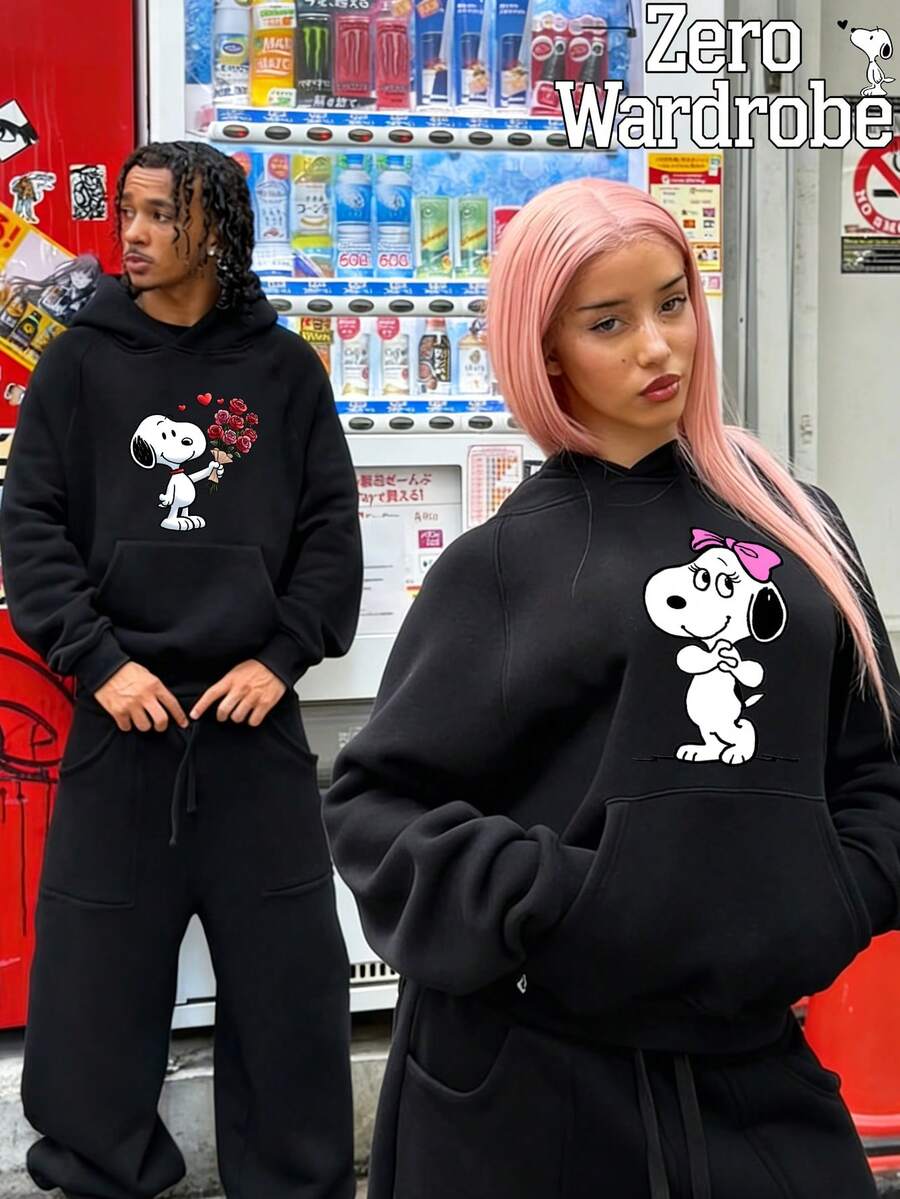 SNOOPY Dog Valentine's Day Flower Confession Pattern Printed Couple Street Casual Fashion Hoodie, Loose And Comfortable Street Style Long Sleeve Home Style, Soft Cotton Blended Men's And Women's Warm Winter Clothing, Couple's Clothing - 男款黑色 - 查看 1