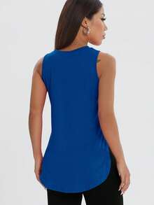 1件装女士休闲宽松无袖套头运动上衣，侧开衩纯色健身运动衫，春夏款 - 寶藍色 - 查看 2