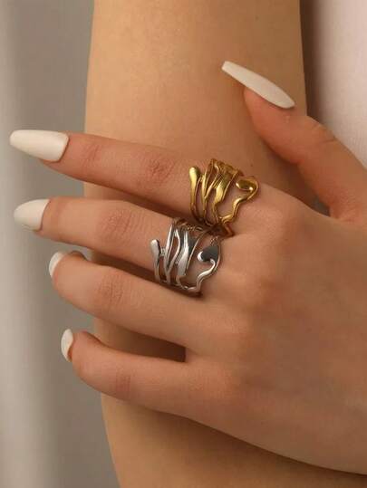 1 pieza Anillo ancho de onda irregular hueco de moda para mujeres y hombres, color dorado, de acero inoxidable, anillo de compromiso, boda, fiesta, joyería, regalo