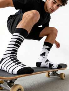 1双男女通用时尚黑白阴阳钢琴图案中筒袜，情侣袜，适合所有季节，春夏皆宜 - 黑與白 - 查看 1