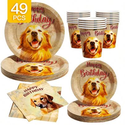 1 Set Dog Birthday Party Disposable Plates, Napkins, Cups, Serves 8 Guests, Suitable For Birthday, Wedding, Theme Party, Family Picnic