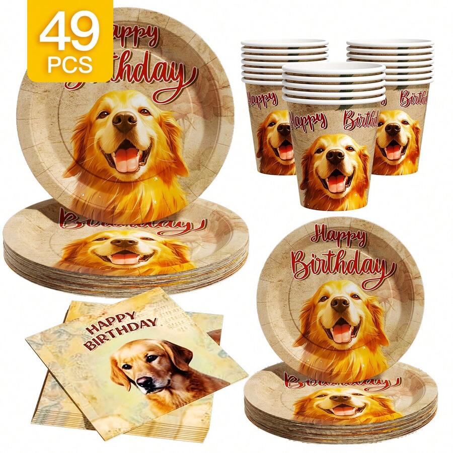 1 Set Dog Birthday Party Disposable Plates, Napkins, Cups, Serves 8 Guests, Suitable For Birthday, Wedding, Theme Party, Family Picnic - Multicolor - View 1