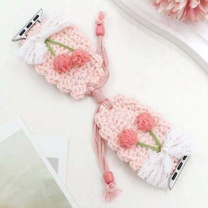 可爱甜美针织表带，可调节绳带，兼容 38mm 至 49mm 表盘，时尚设计，饰有小狗、草莓、花朵图案，秋冬风格