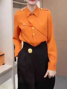 SUNSTORY 女士撞色优雅性感衬衫，女士优雅休闲长袖衬衫，通勤上衣，海滩早午餐套装，办公室茶话会音乐节衬衫，乡村音乐节连衣裙，休闲户外度假连衣裙，返校连衣裙，复古休闲衬衫，优雅通勤商务度假衬衫 - 橘色 - 查看 5