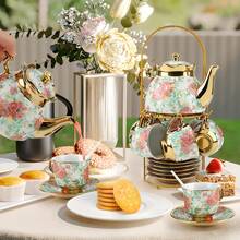 20-Piece Floral Teacup Set With Elegant Metal Tray - Porcelain Tea Service For Afternoon Tea, Coffee & Entertaining | Vintage European Style Ceramic Tea Cups & Saucers, Luxury Hostess Gift, Housewarming & Bridal Shower Gift Set - Multicolor - View 9