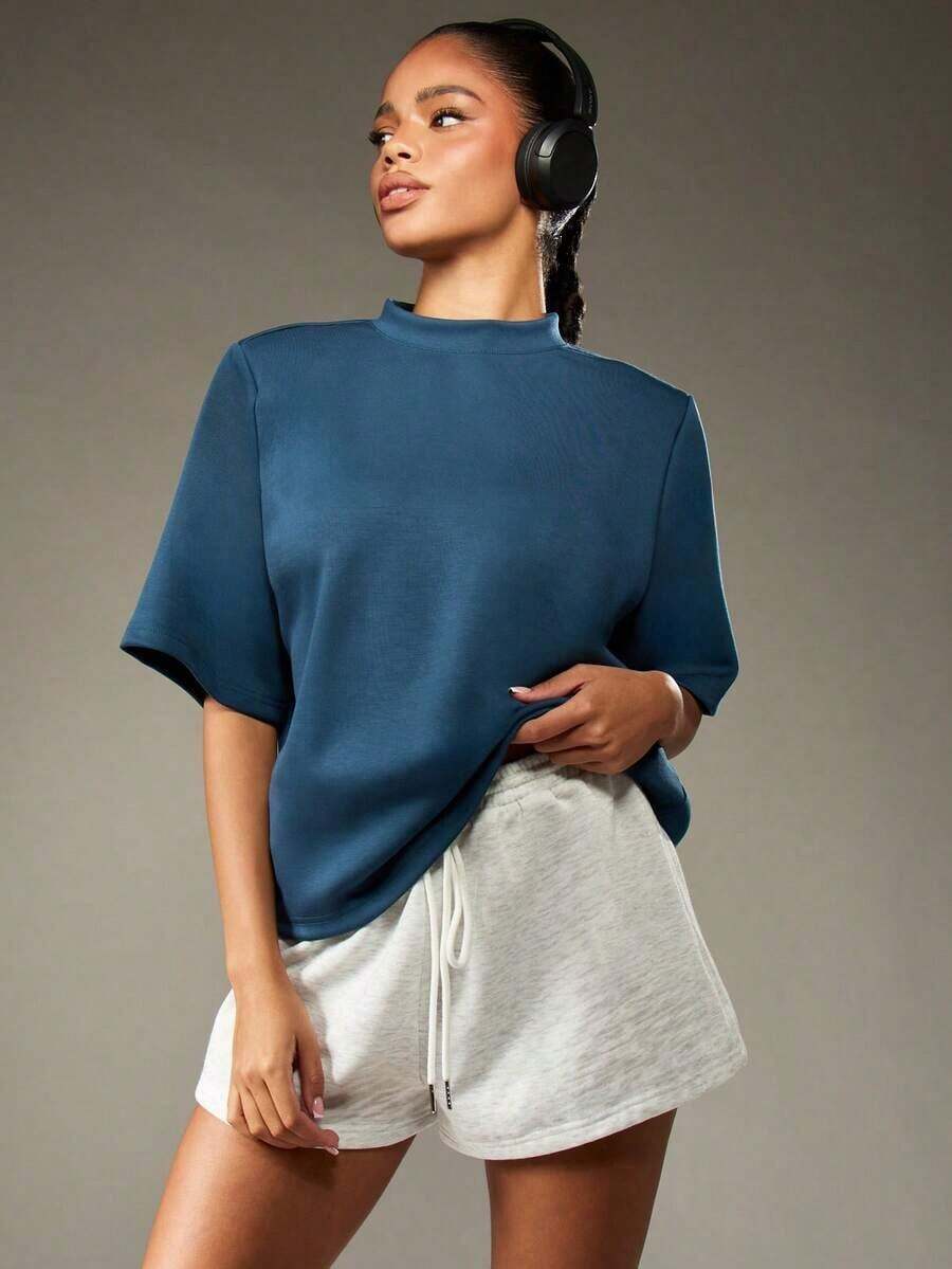 Valentine Outfits For WomenMISSGUIDED Oversized T Shirt Mock Neck Wide Half Sleeve Boxy Fit Casual Office Weekend Fall Winter Fashion Minimalist Vers - 藏蓝色 - 查看 1