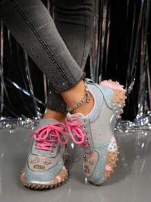 2026新款女士闪亮水钻运动鞋，透气休闲厚底鞋，时尚百搭厚底派对鞋 - 粉色 - 查看 5