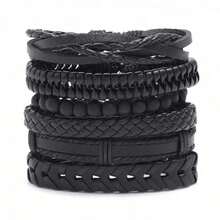 6 Pieces Of Vintage Black Woven Leather Bracelet DIY Combination Set, Unisex For Men And Women - 黑色 - 查看 3
