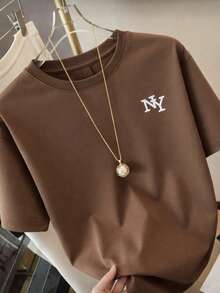 Unisex NY T-Shirt For Men And Women, Short Sleeve Blouse - Rust Brown - View 1