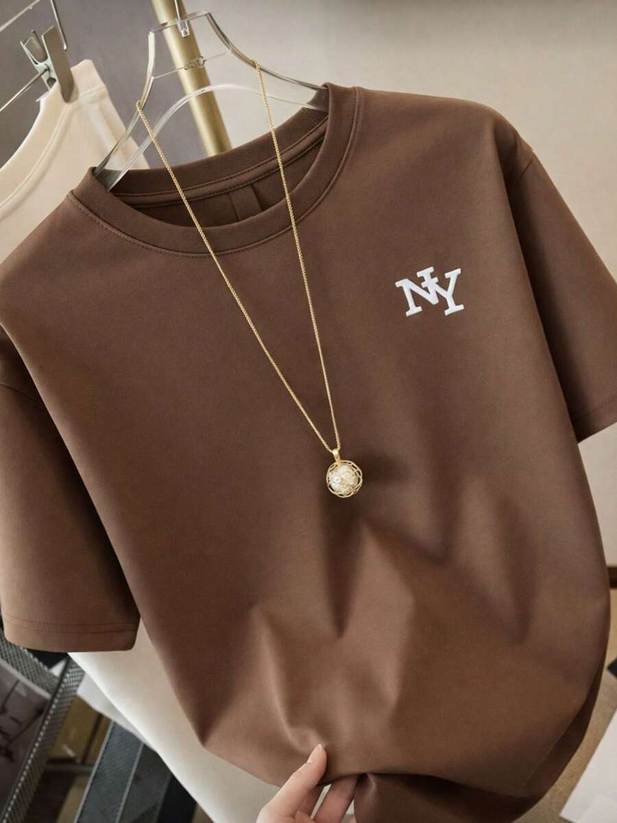 Unisex NY T-Shirt For Men And Women, Short Sleeve Blouse - Rust Brown - View 1