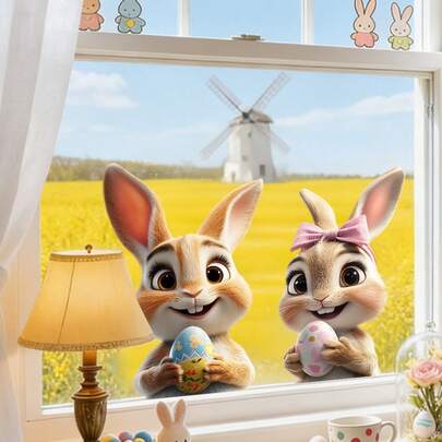 1/2pcs Easter Window Clings Cute Cartoon Bunnies Holding Colorful Eggs Static Glass Stickers,Reusable Glue Free For Home Office Shop Display Spring Holiday Decoration