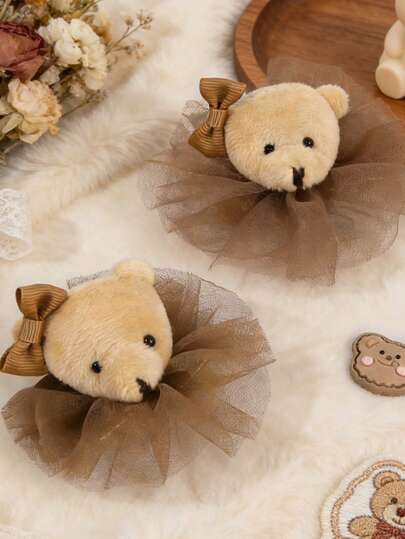2pcs Adorable Plush Teddy Bear Hair Clips For Girsl , Chocolate Brown Tulle Tutu Hair Pins With Brown Grosgrain Bow, Cute Playful Hair Accessories For Daily Wear, Birthday Parties & Photo Shoots
