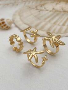 4pcs/Set Boho Style Starfish & Shell Adjustable Rings Set, Personalized Ocean Holiday Stackable Finger Rings - Gold - View 4