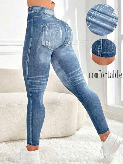 Women's Outdoor Fashion Sexy Sports Leggings, Digital Denim Print Contrast Color Design Yoga Tight Cycling Pants, Lifting Butt Slimming Waist Peach Hip Yoga Base Layer Pants, Lightweight & Comfortable, Suitable For Indoor/Outdoor Sports Yoga, Cycling, Gym Workout, Casual Daily Wear