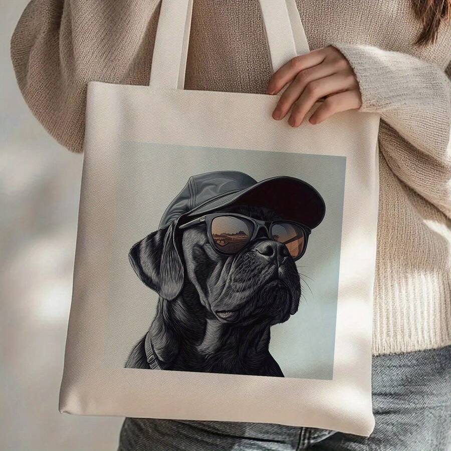 1pc Tote Bag, Hyper Realistic Cool Brutal Black Dog With Cap And Glasses, Perfect For Daily Use, 13. 4*15. 7inch/34*40cm, Urban Lifestyle, Shopping Tote, Hiphop Style, Edgy Fashion, Lightweight Bag, Novelty Bag, Statement Bag, Fashion Enthusiasts, Trendsetters - màu trắng = 13,38 x 15,35 inch (34 x 39 cm) - Xem 1