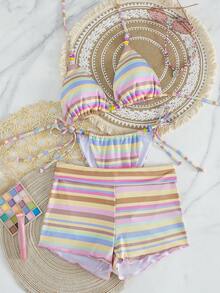 Sexy Women's Striped Bikini Set, Includes Thong Panty And Shorts - Orange - View 5