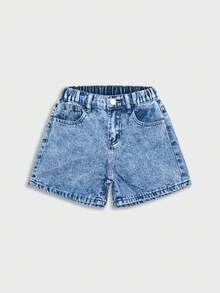 Quần short denim ống rộng phong cách đường phố cá tính dành cho bé gái, đính đá lấp lánh thời trang, giặt tẩy axit, dáng rộng thoải mái với cạp chun co giãn. - Rửa nhẹ - Xem 11