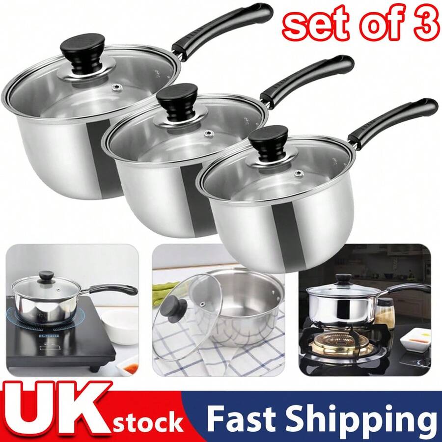 3pcs Fast Heating Saucepan Set,Stainless Steel Saucepan Set - Fast Heating, Non-Stick Deep Pans With Lids,  Dishwasher  Suitable, All Stovetops Compatible For Efficient Cooking, Versatile Cooking Pot - Silver - View 1