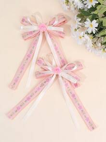 2pcs Pink Embroidered Floral Bow Hair Clips For Girls Pastel Colored Ribbon Fabric Hair Bows Flower Alligator Clips Aesthetic Sweet Princess Barrettes Casual Birthday Wedding Party Hairpins Teens Hair Accessories - Multicolor - View 3