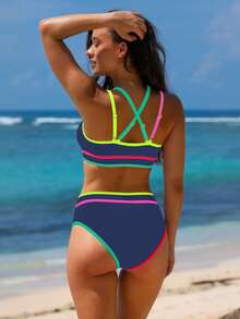 popvil Colorblock Sports Bra & Bikini Set, Summer Vacation - Navy Blue - View 2