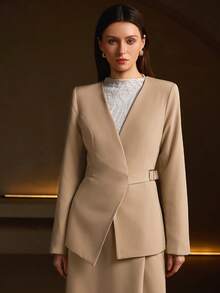 Women's Fashion Long Sleeve V-Neck Tie Front Top, Woven Fabric, Regular Fit, With Pockets - Camel - View 5