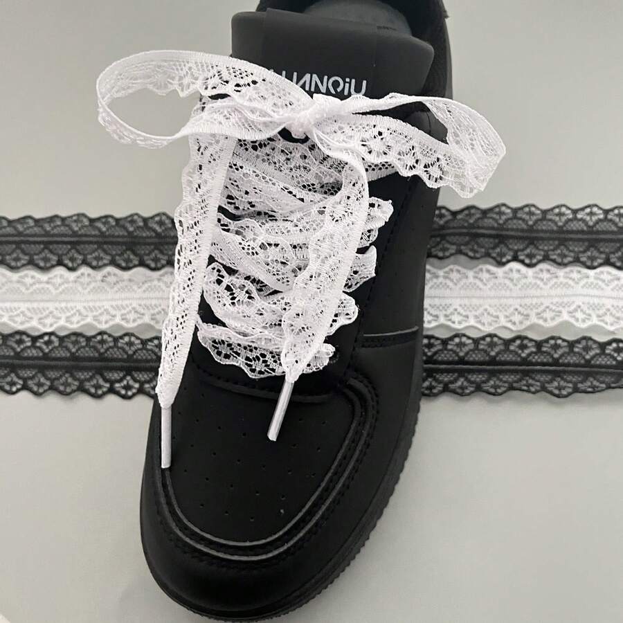 2Pcs Ballet Sweet Style Black & White Silk Lace Edging Girlish Shoelaces Soft Lace & Sturdy Silk Material Decoration Renewal Anti-Snag/Easy To Tie & Non-Loose Canvas/Ballet/Casual/White Shoes Girlish Heart Shoe Accessory High-Value Shoe Decoration Must-Have Perfect For Graduation Season