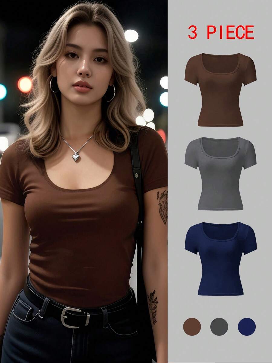 3件套女士U领短袖T恤，时尚纯色休闲修身露脐上衣，夏季必备 - 彩色 - 查看 1