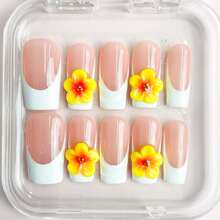DiDaNail 10 PCS Handmade Square Press-On Nails | Nude Pink French Yellow Hibiscus Sweet Style With Nude & Pink Bases, 3D Yellow Hibiscus & French Manicure - 黃色 - 查看 2