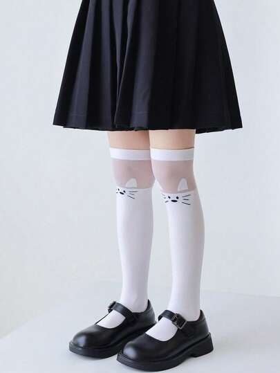 1 par de calcetines transparentes para niñas, con diseño minimalista y lindo de gato, calcetines ligeros y transpirables para la pantorrilla con ribete de encaje, suaves y cómodos, versátiles para uso diario, al aire libre, fiestas, regreso a la escuela